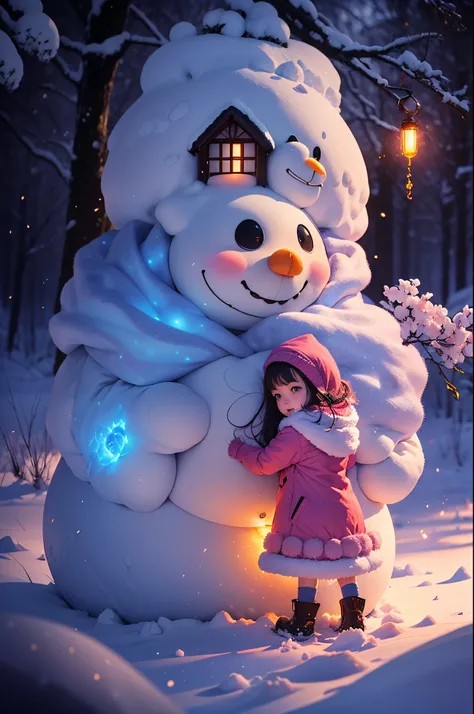 5-year-old girl happily builds huge snowman，snowflower，at winter season，Thick snow，footprints，Colorful，dream-like，in pink，（（Best quality））， （（tmasterpiece））， Enhanced dynamic viewing angle，，flowers blooming，Cottage in the woods，glowing effect，ultra - detai...