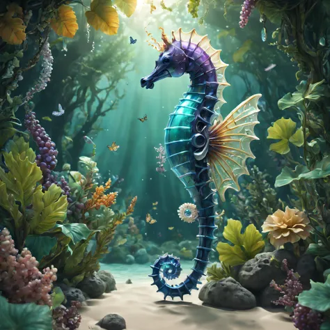 Futuristic ethereal seahorse，Sci-fi butterflies，future seahorse，sea horse，Futuristic jungle background，tmasterpiece，（Very detailed CG unified 8k wallpaper），（Best quality at best），（Best Best Illustration），（The best shadow），The background is a forest theme，W...