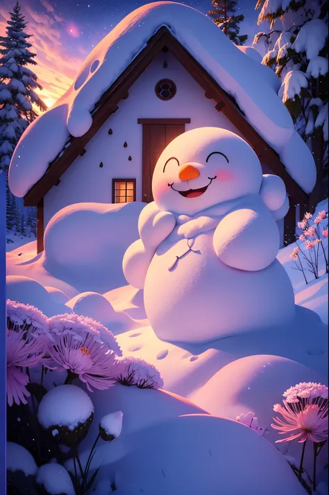 5-year-old girl happily builds huge snowman，snowflower，at winter season，Thick snow，footprints，Colorful，dream-like，in pink，（（Best quality））， （（tmasterpiece））， Enhanced dynamic viewing angle，，flowers blooming，Cottage in the woods，glowing effect，ultra - detai...