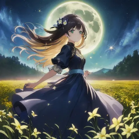 a woman wearing a dress is walking through a flower field, beautiful anime, the glow of the moonlight, anime art wallpaper 8k, n...