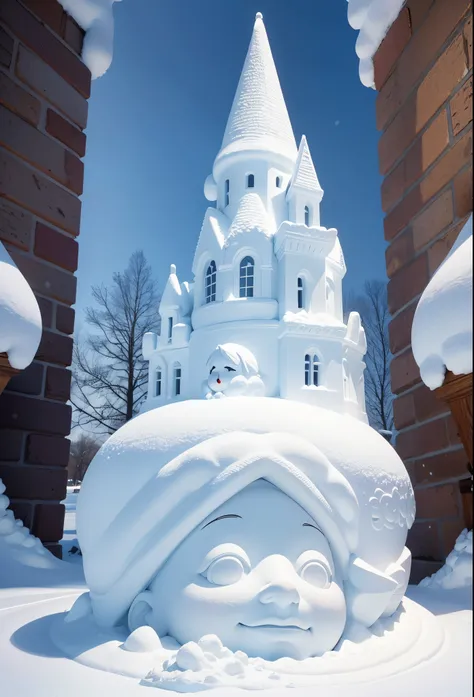 snow sculpture art，snow sculpture castle，Build a snowman，Make sculptures from snow，Children playing happily in the snow