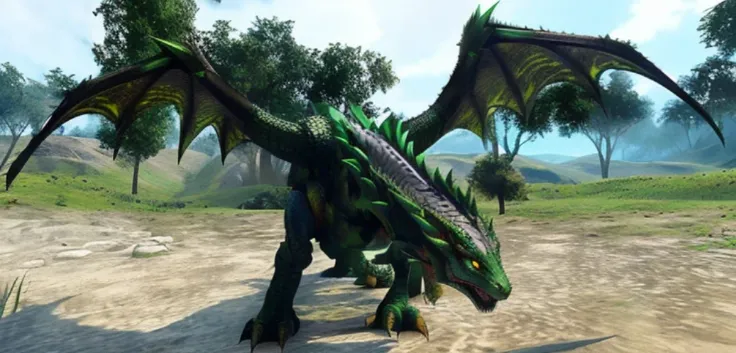 A dragon stands in the grass, wyvern, large green dragon, massive green dragon!!!, Highly detailed epic, Dragon Moshot, green dragon, in monster hunter armor, mega highly detailed, with scaly-looking armor, Pteranadon Styling, ighly detailed, monster hunte...