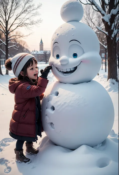 snow sculpture art，castle sculpted from snow，Build a snowman，Make sculptures from snow，Children playing happily in the snow