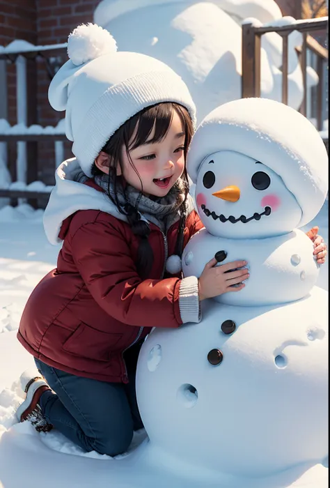 Build a snowman，Make sculptures from snow，Children playing happily in the snow