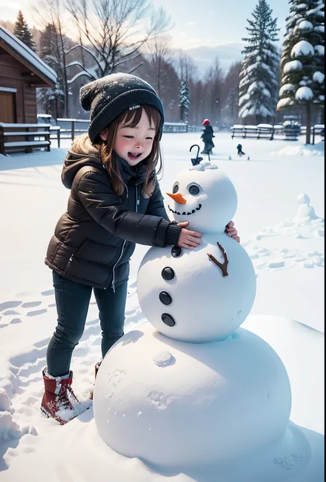 Build a snowman，Make sculptures from snow，Children playing happily in the snow