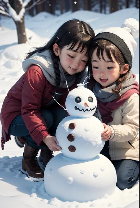 Build a snowman，Make sculptures from snow，Children playing happily in the snow