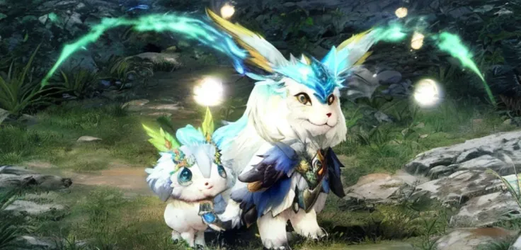 A very cute animal is standing in the grass, from xenoblade chronicles, a mythical creature, a mythical creature, Moon Riyasu, Anthropomorphic rabbit, [[Fantasy]], final fantasy 14 sharp, Hybrid creatures, blade and soul, ffxiv heavensward, Albinomistic, f...