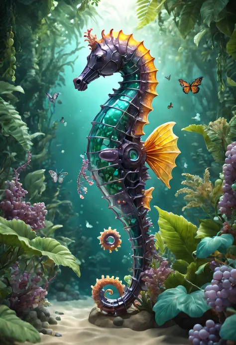 Futuristic ethereal seahorse，Sci-fi butterflies，future seahorse，sea horse，Futuristic jungle background，tmasterpiece，（Very detailed CG unified 8k wallpaper），（Best quality at best），（Best Best Illustration），（The best shadow），The background is a forest theme，W...