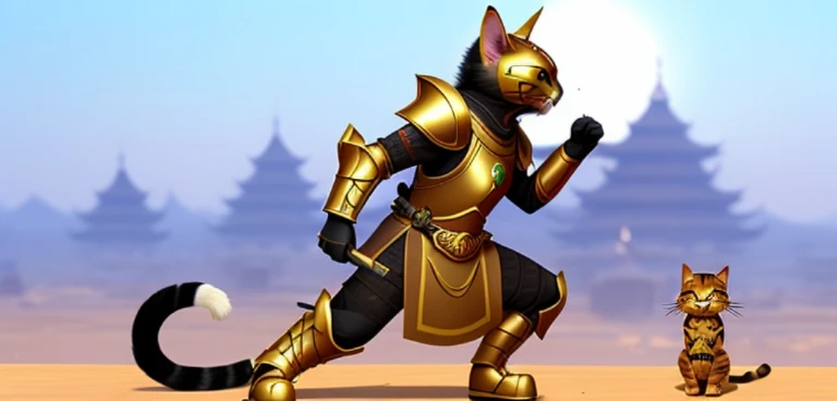 There is a cat wearing a costume, tabaxi monk, wearing golden cat armor, armored cat, world boss kitten, armored feline companion, Cat Warrior, Samurai Cat, anthropomorphic female cat, anthropomorphic cat ninja, the golden cat armor knight, tai costume, ta...