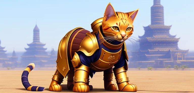 There is a cat wearing a costume, tabaxi monk, wearing golden cat armor, armored cat, world boss kitten, armored feline companion, Cat Warrior, Samurai Cat, anthropomorphic female cat, anthropomorphic cat ninja, the golden cat armor knight, tai costume, ta...