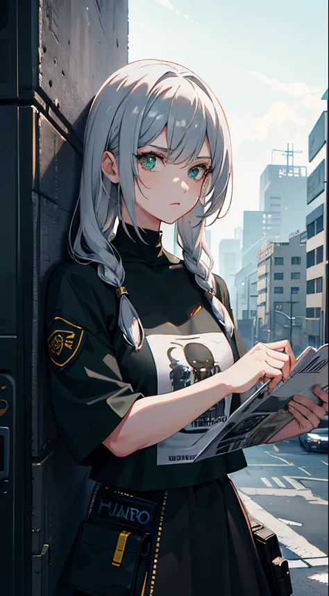 Upper body close-up, cyberpunk city, a girl standing in front of a wall with newspaper on the wall, silver hair, long hair, facial focus, black eyes, witty and beautiful facial features, green print t-shirt, apricot skirt, split long skirt, embroidery patt...