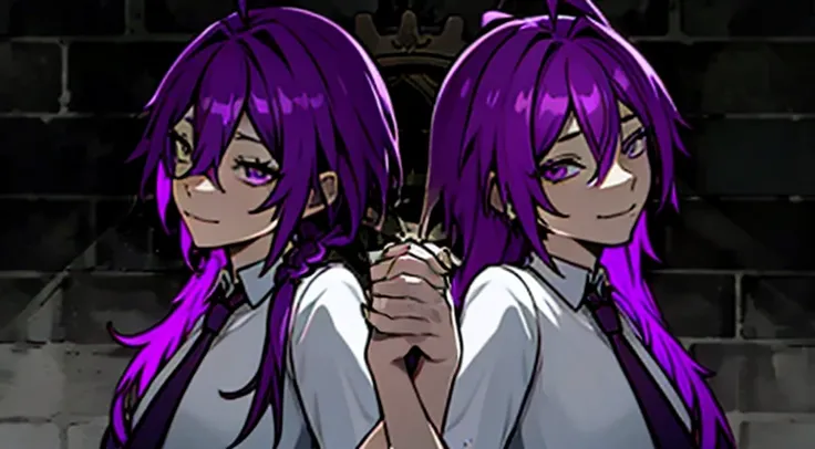 long hair, mole under mouth, purple hair, single braid, hair between eyes, teal eyes, closed mouth, ahoge, smile, necktie, white shirt, requiem, looking at viewer, multiple girls, 2girls, upper body, holding hands, brick wall