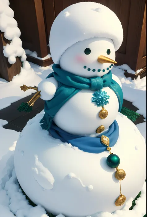 Make a snowman，Make sculptures from snow，Snowman covered in blue and green jewels，Gold embellishments，