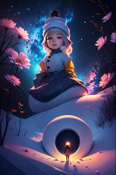 5-year-old girl happily builds a big snowman，snowflower，at winter season，Thick snow，footprints，Colorful，like a dream，in pink，Disney animation style，Disney animated film style，（（Best quality at best））， （（tmasterpiece））， Enhanced dynamic viewing angle，，flowe...