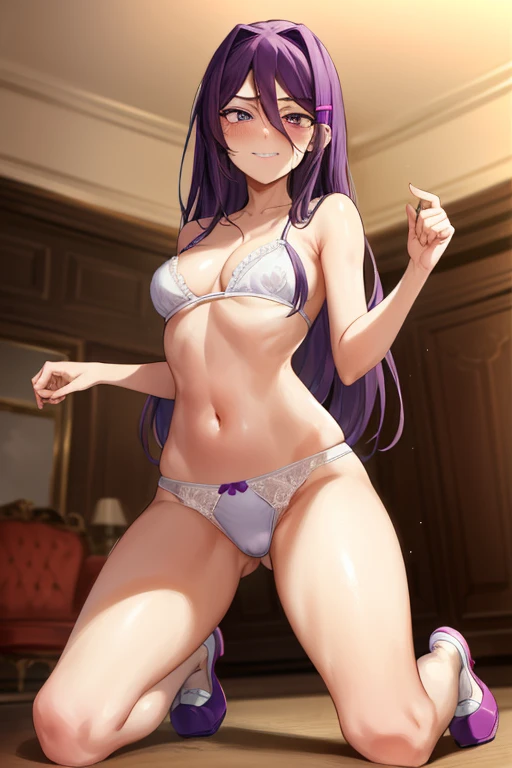 2d, masterpiece, ((kneeling)) looking back, best quality, full body, full pose, anime, highly detailed, cowboy shot, 1girl, solo, yuri, purple hair, purple eyes, long hair, hair between eyes, hairclip, ((white lingerie)), thights, ((blue platform shoes)), ...