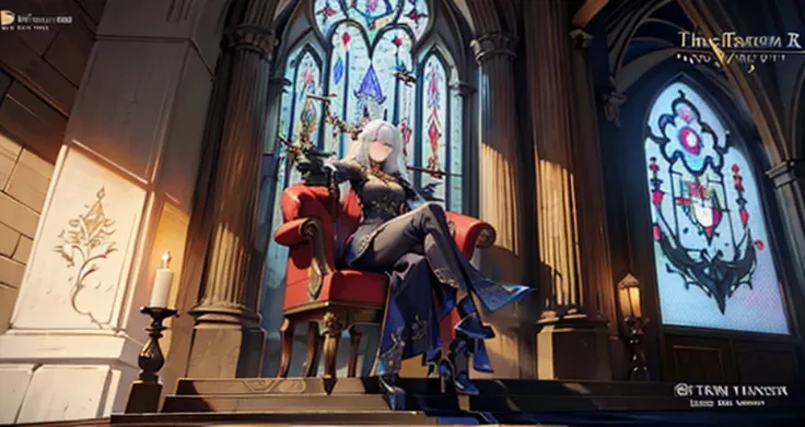 There is a woman sitting on a chair in front of a stained glass wall., tranding on pxiv, final fantasy 14 style, relaxed dwarf with white hair, 2b, 2 b, Sit on an obsidian throne, in throneroom, final fantasy 1 4 screenshot, FFXIV, Sitting on a golden thro...