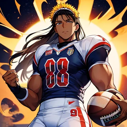 There is a black man wearing a number 88 American football white jersey. He is the Sun God.