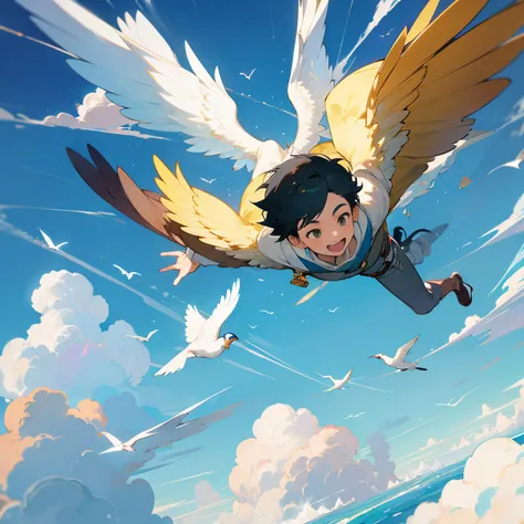 Asian boys, flying, cloud, wind, ultra wide, illustration, sunshine, bird, gravity, fun,