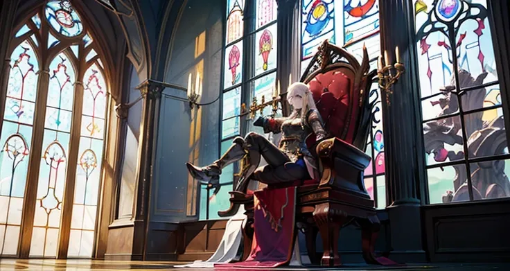 There is a woman sitting on a horse in front of a stained glass wall., tranding on pxiv, Sit on an obsidian throne, final fantasy 14 style, in throneroom, 2 b, relaxed dwarf with white hair, 2b, Sitting on a golden throne, thancred waters in style of wlop,...