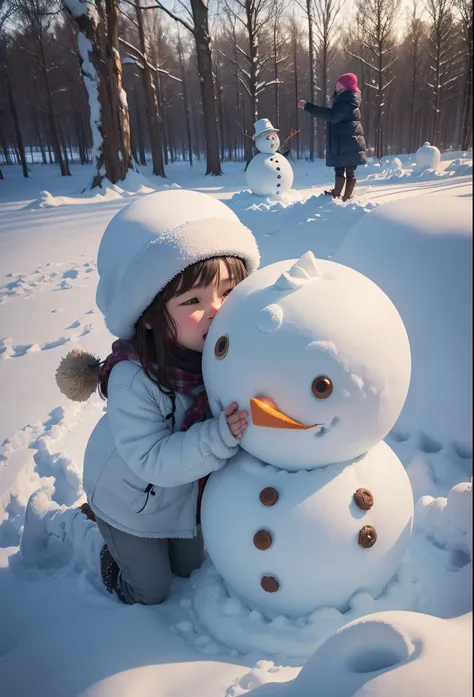 Make a snowman，Make sculptures from snow，Children playing happily in the snow