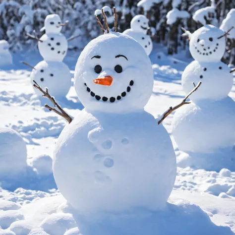 Build a snowman，Make sculptures from snow，Children play happily around the snow