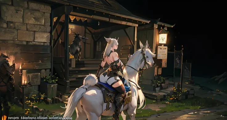 There is a woman riding a horse with a cat on it., tranding on pxiv, final fantasy 14 style, final fantasy 1 4 screenshot, Ride the giant Silver Wolf, Ride a cyborg raptor, final fantasy xiv, Ride to the town of destiny, final fantasy 1 4, final fantasy 14...