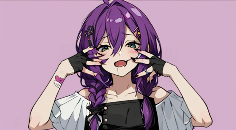 long hair, mole under mouth, purple hair, single braid, hair between eyes, aqua eyes, sharp teeth, ahoge,  cowboy shot, animal, ...