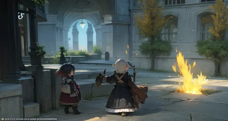 Two people are standing in a courtyard with a fire, tranding on pxiv, final fantasy 14 style, final fantasy 1 4 screenshot, lalafell, final fantasy xiv, Trends in PXIV, thancred waters in style of wlop, FFXIV, final fantasy 14 sharp, final fantasy 1 4, ffx...