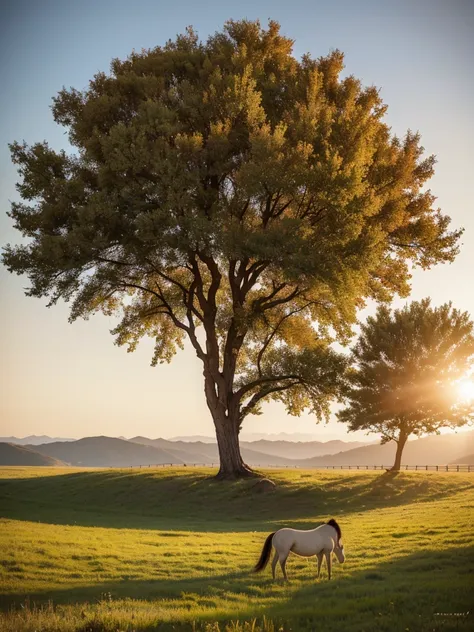 wide wide shot，autumnal，morningglow，On the steppe，that tree，There are two standing under the tree，white pony，Monte，beautiful natural place，k hd，Ultra-realistic photos，detail-rich