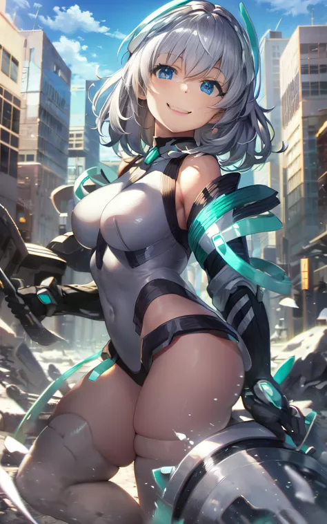 lightsmile, deva battle suit, Outdoors, Silver hair, bobhair, Blue eyes, waist shot