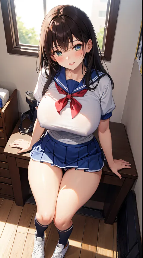 1girl in, Parted lips, blush, makeup, lightsmile, school white gym uniform、blue bloomers, Full body, Wide Angle, From  above, crass room, llight rays, Glow, thighs thighs thighs thighs, 鎖骨, Narrow waist, (masutepiece), Wallpaper,Breast bulge、Dark hair colo...