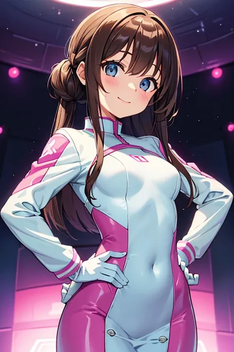 (leaning forward, 1 girl, looking at viewer, from front, facing straight at viewer, smile, index finger pointing, hand on hips, pink and light blue clothes, futuristic space suit, inside SF Lab), upper body, shiny slim fit simple suit, shiny slim fit penci...