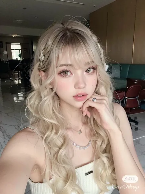 chica de pelo rubio con pelo largo y labios rosados, Lalisa Manobal, Pelo largo con flequillo, Lalisa Manoban de Blackpink, Cabello largo con flequillo completo, pale skin curly blond hair, Cabello largo y blanco y flequillo, con flequillo, flequillo rizad...