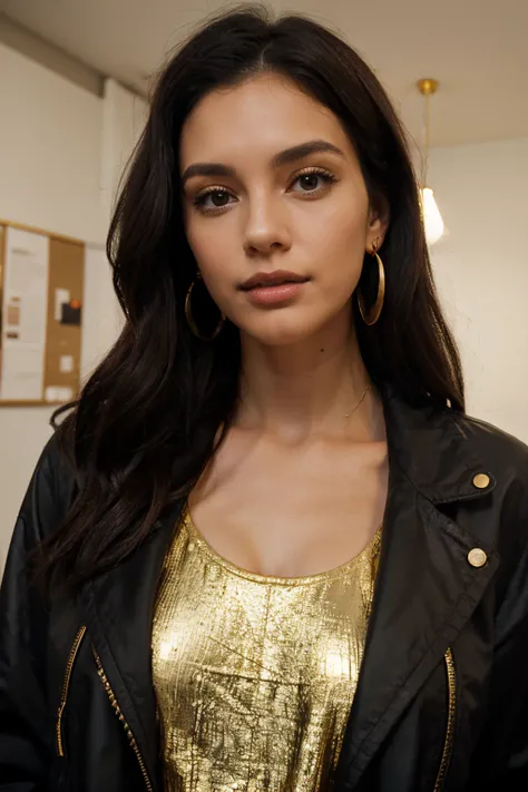 Woman, medium dark hair, gold round earrings, dark jacket, in a bright apartment