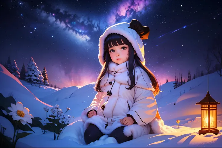 5-year-old girl happily builds a big snowman，snowflower，at winter season，Thick snow，footprints，Colorful，like a dream，in pink，Disney animation style，Disney animated film style，（（Best quality at best））， （（tmasterpiece））， Enhanced dynamic viewing angle，，flowe...