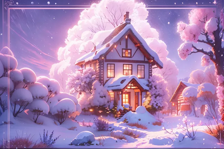 5-year-old girl happily builds a big snowman，snowflower，at winter season，Thick snow，footprints，Colorful，like a dream，in pink，Disney animation style，Disney animated film style，（（Best quality at best））， （（tmasterpiece））， Enhanced dynamic viewing angle，，flowe...