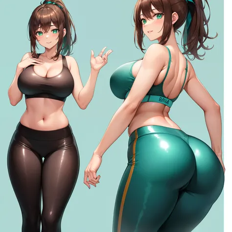 Masterpiece, Best Quality, (((Solo mature woman))), (((Brown hair))), Ponytail, Large chest, (((wide hips))), (((aqua green eyes))), full lips, seductive smile, cleavage, (standing on mat), (looking behind) blushing, (((wearing shiny black yoga pants and s...