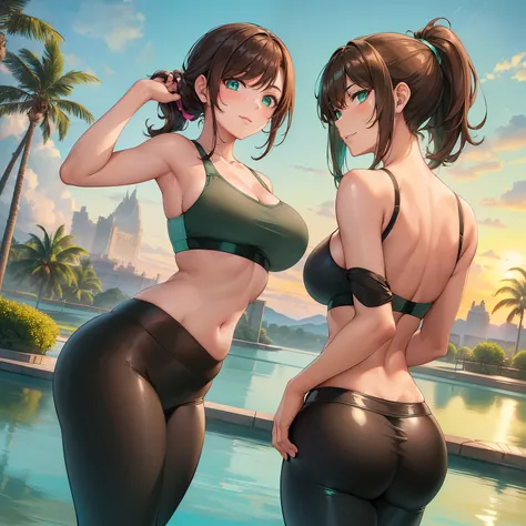 Masterpiece, Best Quality, (((Solo mature woman))), (((Brown hair))), Ponytail, Large chest, (((wide hips))), (((aqua green eyes))), full lips, seductive smile, cleavage, (standing in pond), sunset, horizon blushing, (((wearing shiny black yoga pants and s...