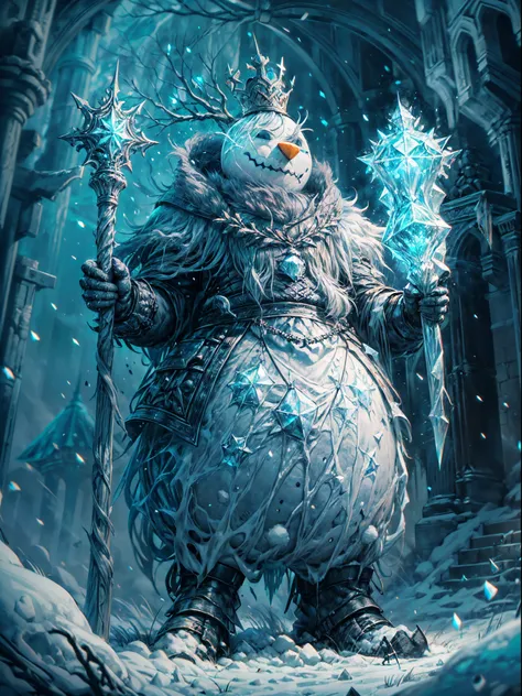 (a)high-quality,4k,photo-realistic:1.37,(b)dark,grim,(c)scene:imposing towering snowman king sitting on an icy throne,(d)scene:ominous dark castle in the background,(e)scene:icy landscape with snow-covered trees and mountains,(f)character:snowman king with...