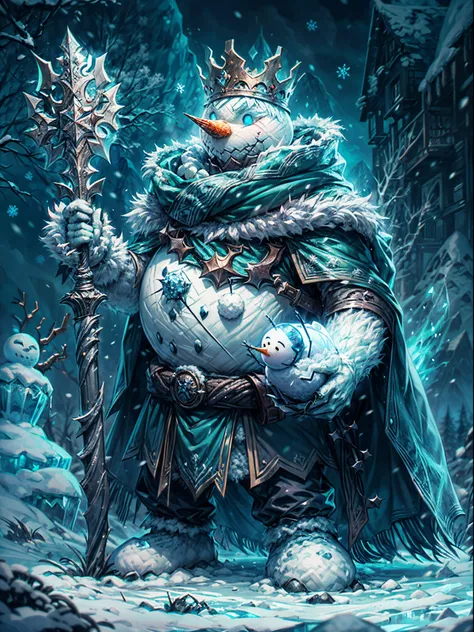 (a)high-quality,4k,photo-realistic:1.37,(b)dark,grim,(c)scene:imposing towering snowman king sitting on an icy throne,(d)scene:o...