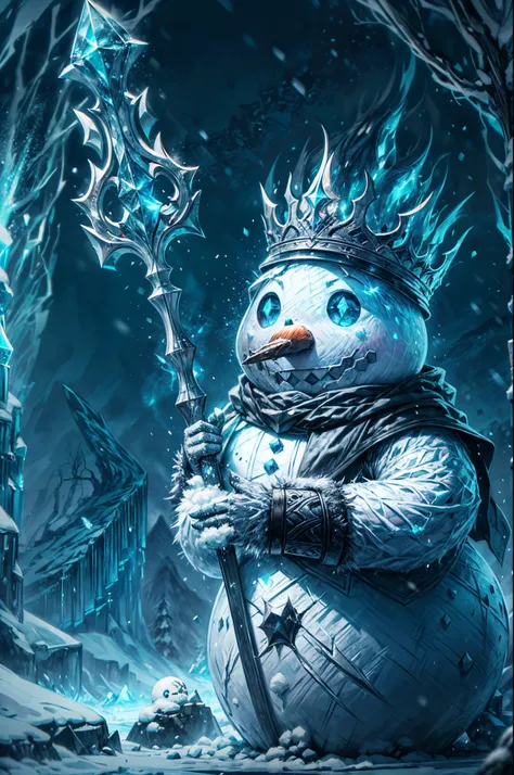 (a)high-quality,4k,photo-realistic:1.37,(b)dark,grim,(c)scene:imposing towering snowman king sitting on an icy throne,(d)scene:ominous dark castle in the background,(e)scene:icy landscape with snow-covered trees and mountains,(f)character:snowman king with...