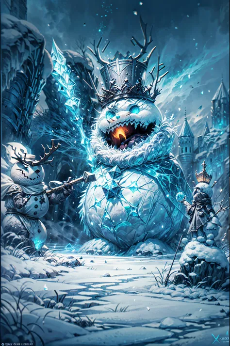 (a)high-quality,4k,photo-realistic:1.37,(b)dark,grim,(c)scene:imposing towering snowman king sitting on an icy throne,(d)scene:ominous dark castle in the background,(e)scene:icy landscape with snow-covered trees and mountains,(f)character:snowman king with...