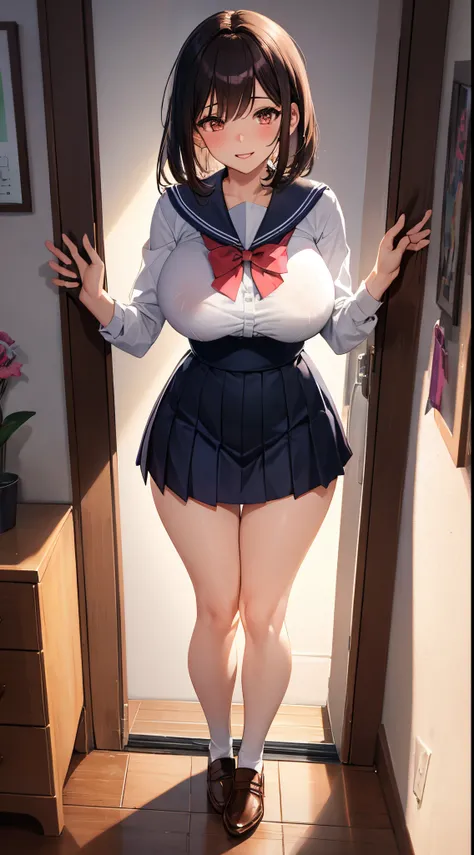 1girl in, Parted lips, blush, makeup, lightsmile, School uniform, Full body, Wide Angle, From  above, crass room, llight rays, Glow, thighs thighs thighs thighs, 鎖骨, Narrow waist, (masutepiece), Wallpaper,Breast bulge、Dark hair color、Sheer skin