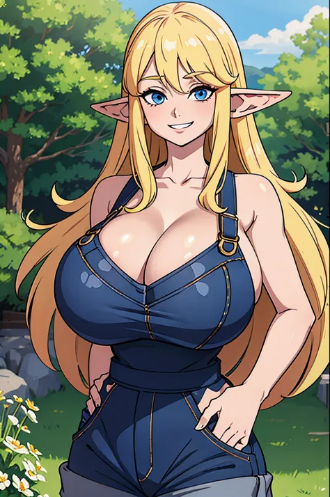 (masterpiece, official art), 1girls, solo, shortstackBT, shortstack, thick, curvy, curvaceous, blonde hair, blue eyes, long hair, elf ears, elf, (overalls), naked overalls, (closeup), portrait, (gigantic breasts), (huge breasts), (massive breasts), fluffy ...