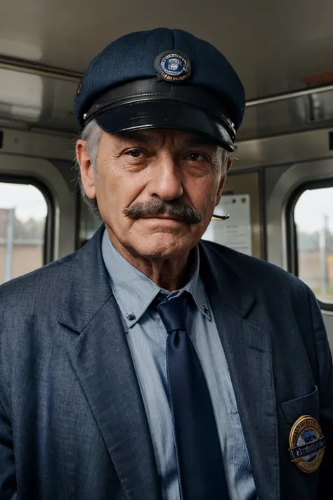 An elderly man, a train driver in a blue jacket and shirt with a tie, gray hair, a cap, with a mustache