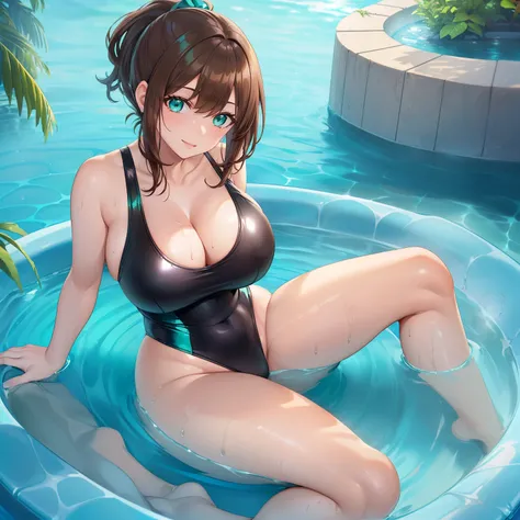 Masterpiece, Best Quality, (((Solo mature woman))), (((Brown hair))), Ponytail, Large chest, (((wide hips))), (((aqua green eyes))), full lips, seductive smile, cleavage, sitting in jacuzzi at home, blushing, (((wearing shiny black one piece swimsuit))), [...