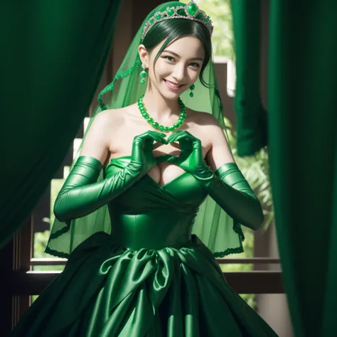 emerald tiara, Green Pearl Necklace, Boyish very short black hair, lipsticks, Japan woman smiling, very short short hair,  big breasts beautiful, Green eyes, Long green gloves made of satin material, Green eyes, Emerald Earrings, green vale, Heart with bot...