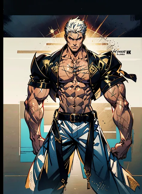 A young man, dense black-gold long hair, standing tall with upright hair, a majestic countenance, confident gaze, a scar under the eyes, a hearty smile, a fantasy-realistic tattered half-length martial arts outfit, short-sleeved, open-front robe revealing ...