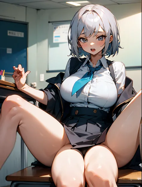 Short gray hair, big tits. She is spreading her legs on a desk at school. She has her hand on her , spreading it