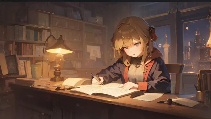 anime boy sitting at a desk and writing a picture, boy protagonist 👀 :8, background of the alchemist library, anime moe art styl...